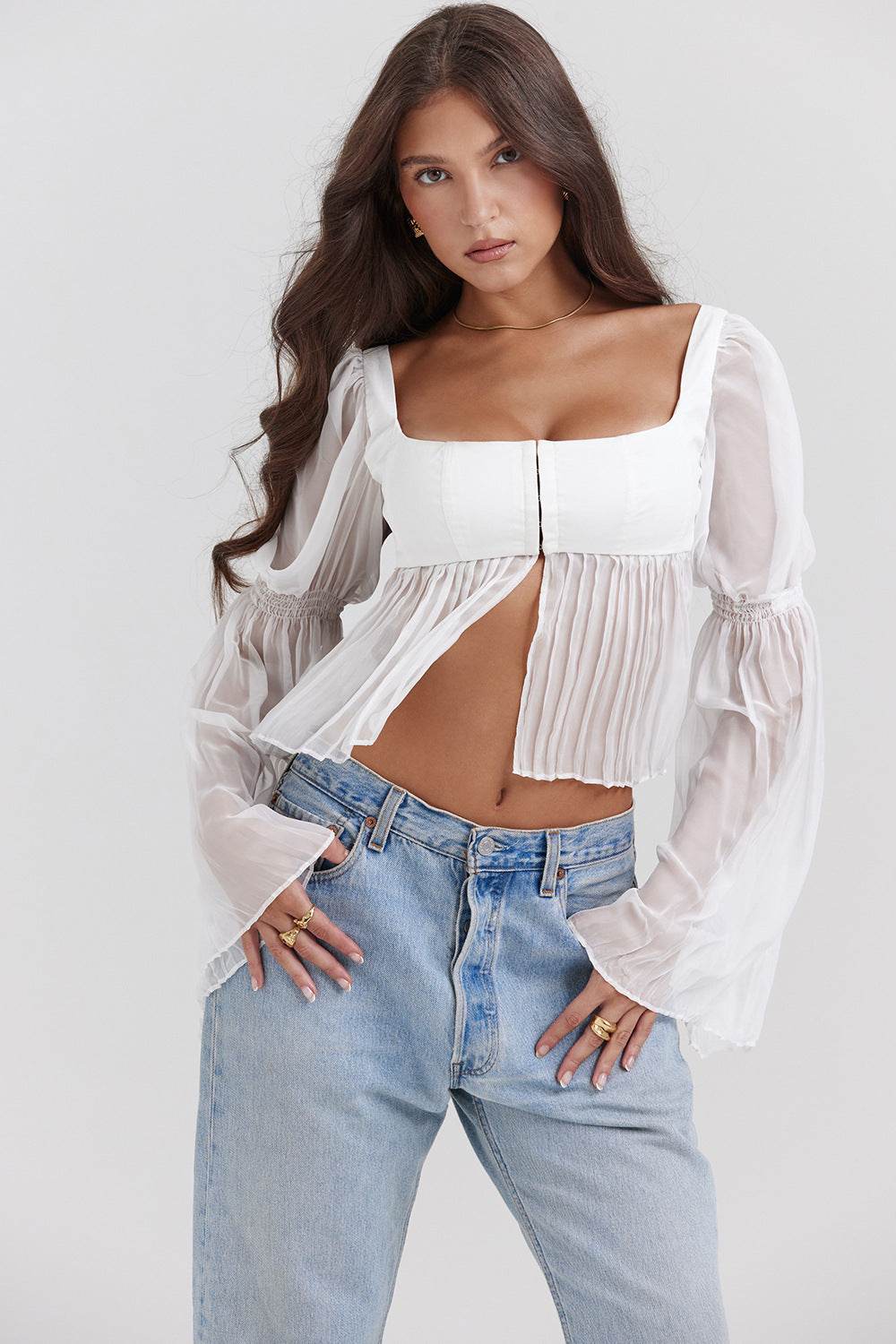 Buycenter Elegant Sheer Long Sleeve Square Collar Top - Fashionable Blouse - Buy Center