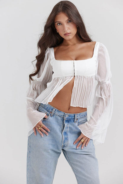 Buycenter Elegant Sheer Long Sleeve Square Collar Top - Fashionable Blouse - Buy Center