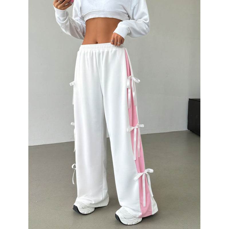 Women's Contrast Color Straight-Leg Trousers - Stylish Mid Rise, Elastic Waist - Buy Center