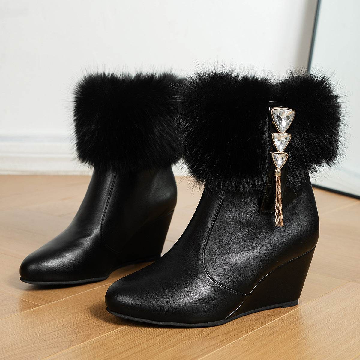 Women's Warm Wedge Mid-Calf Boots - Stylish Drill Buckle & Plush Detail - Buy Center