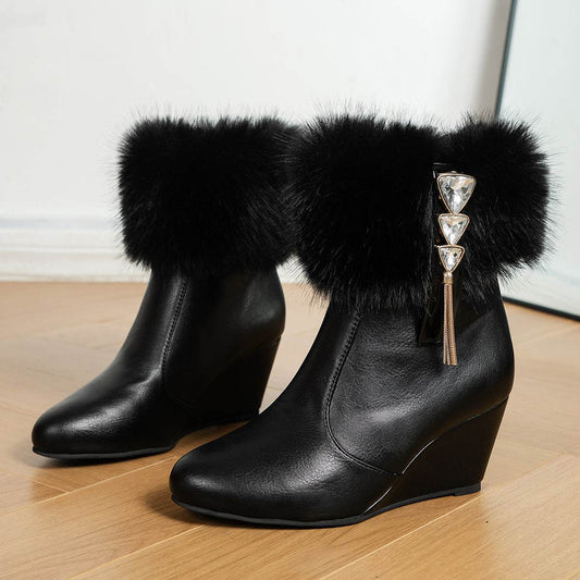 Women's Warm Wedge Mid-Calf Boots - Stylish Drill Buckle & Plush Detail - Buy Center