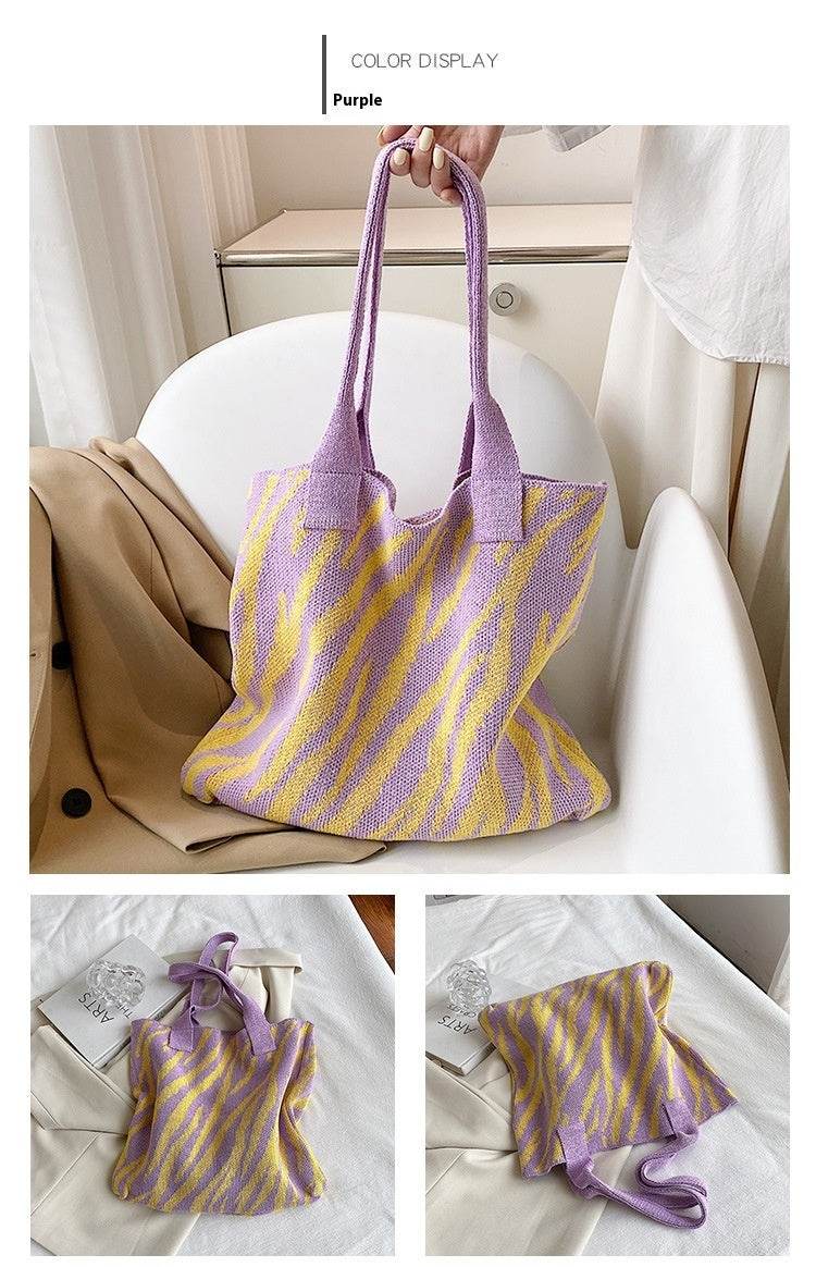 Large Capacity Zebra Pattern Tote Bag - Stylish Knitted Design for Women - Buy Center
