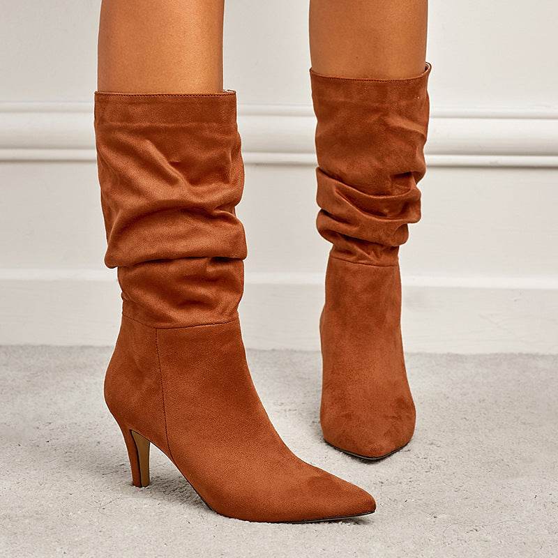 Buycenter Women's Plus Size Stiletto Heel Boots - Wrinkled Suede Design - Buy Center