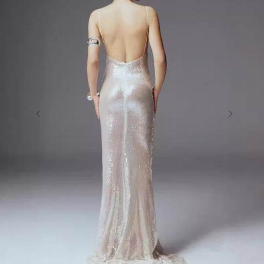 Elegant Silver Sling Dress - High-Waisted Evening Wear for Socialites - Buy Center