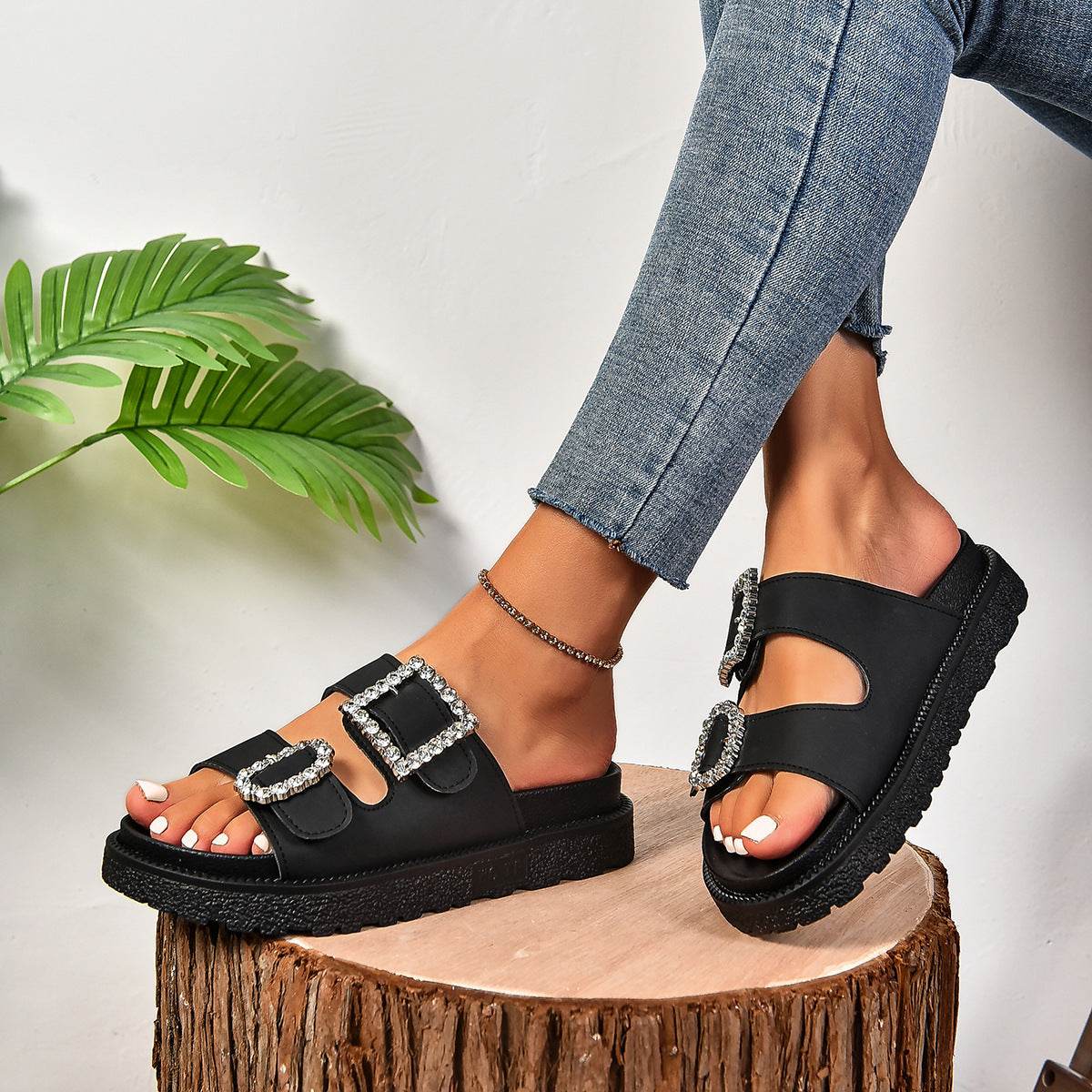 Fashion Rhinestone Belt Buckle Platform Sandals - Stylish Women’s Slippers - Buy Center