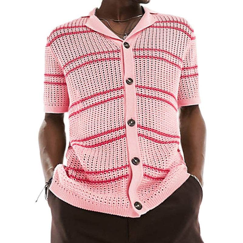 Men's Khaki Knitwear Cardigan - Stylish Lapel Design & Short Sleeve - Buy Center