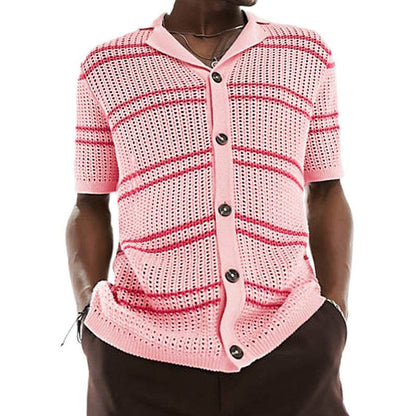 Men's Khaki Knitwear Cardigan - Stylish Lapel Design & Short Sleeve - Buy Center