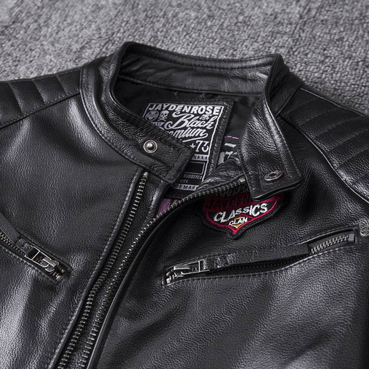 Men's Genuine Leather Motorcycle Jacket - Skull Design, Stand Collar - Buy Center