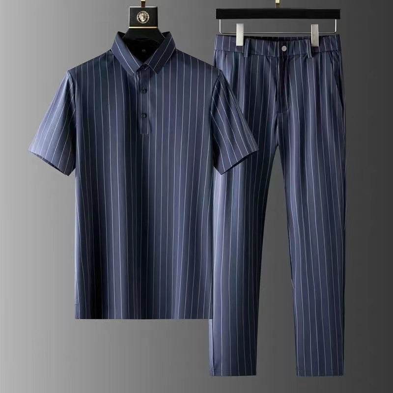 Men's Ice Silk Stripes Casual Suit - Trendy Short Sleeve Trousers Set - Buy Center