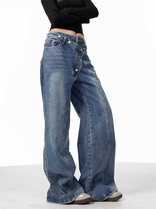 Irregular Breasted Blue Wide Leg Jeans - Trendy Loose Fit for Women - Buy Center