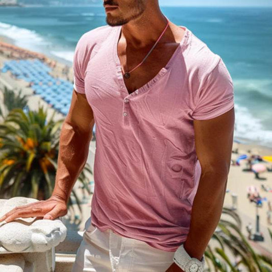 Plus Size Men's V-Neck Casual T-Shirt - Thin Fabric, Solid Color - Buy Center