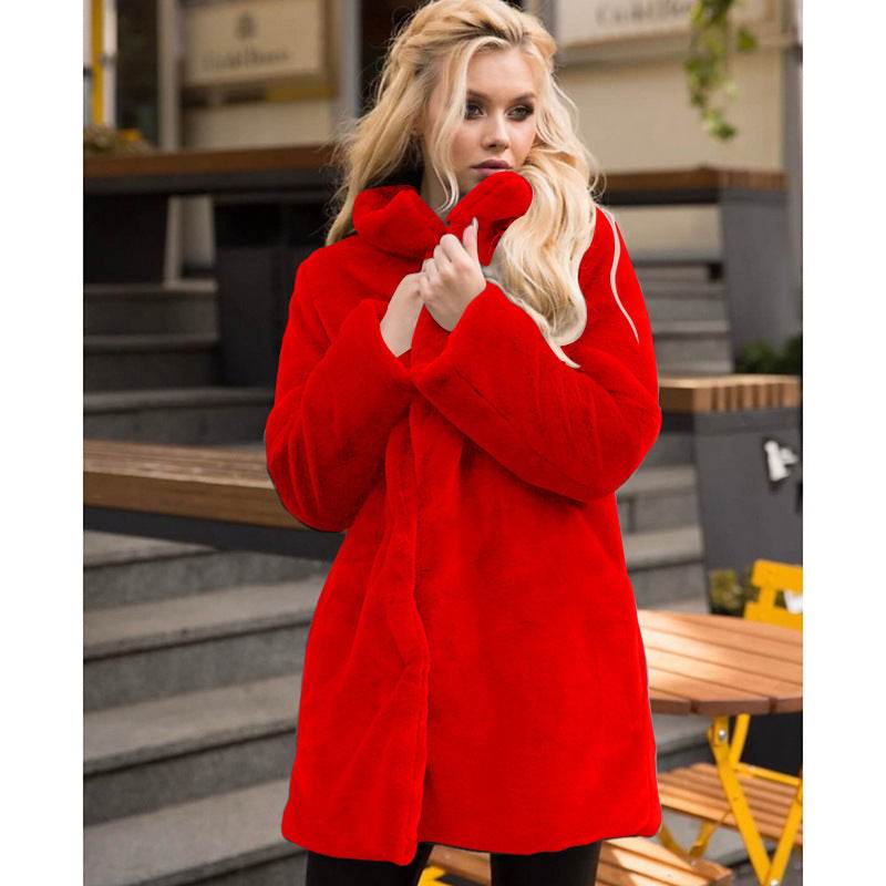 Buycenter Stand-Up Collar Winter Faux Fur Coat - Mid-Length, Loose Fit - Buy Center