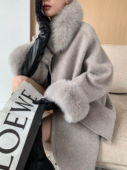 Buycenter Cape Fox Fur Collar Wavy Coat - Stylish Wool Blend Jacket - Buy Center