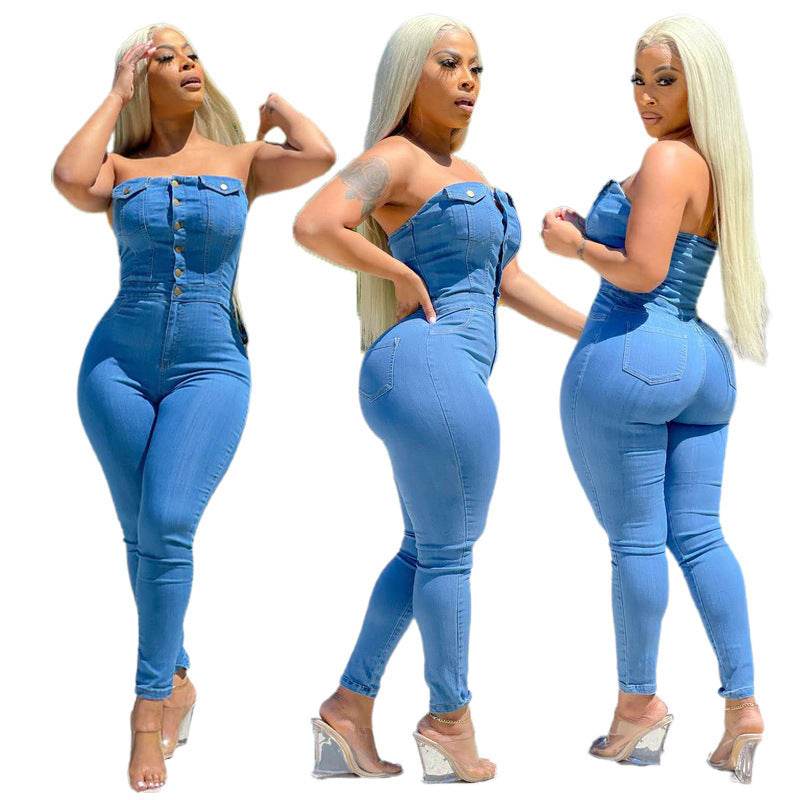 Buycenter Off-Shoulder Denim Jumpsuit - Slim Fit, Stylish & Comfortable - Buy Center