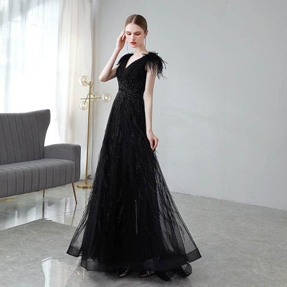 Buycenter Black Evening Dress for Women - Deep V-Neck & Princess Skirt - Buy Center
