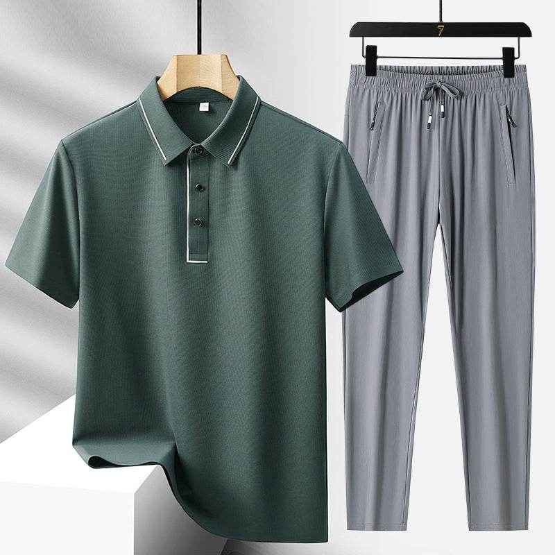 Men's Light Luxury Ice Silk Polo Shirt & Trousers Leisure Suit 2025