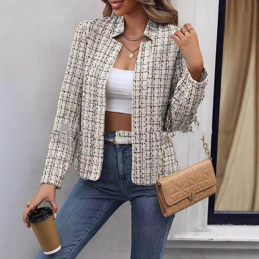 Buycenter Elegant Plaid Suit Jacket for Women - Slim Fit Blazer - Buy Center