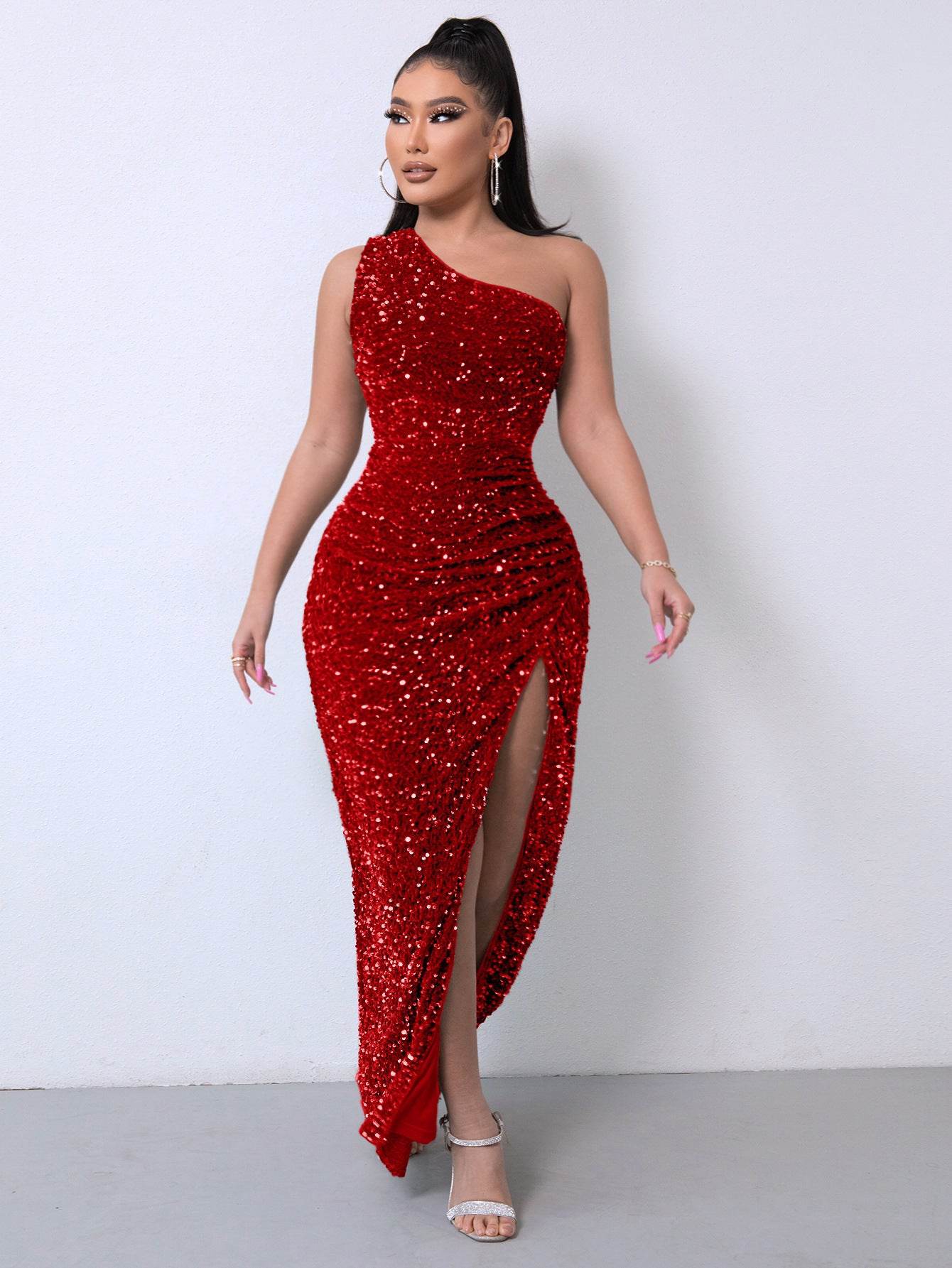 Buycenter Women's Sleeveless One Shoulder Dress - Sequins & Gorgeous Slit - Buy Center