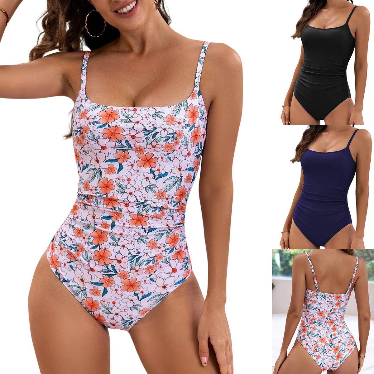 Stylish Printed Suspenders One-Piece Swimsuit - Trendy Pleated Design - Buy Center