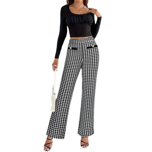 Chic Houndstooth Wide Leg Pants - Faux Pocket Detail for Stylish Appeal - Buy Center