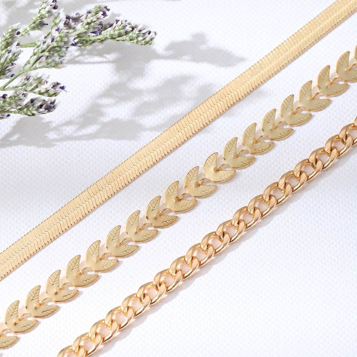 Buy Center Three-Piece Flat Snake Wheat Chain Anklet Set for Women - Buy Center