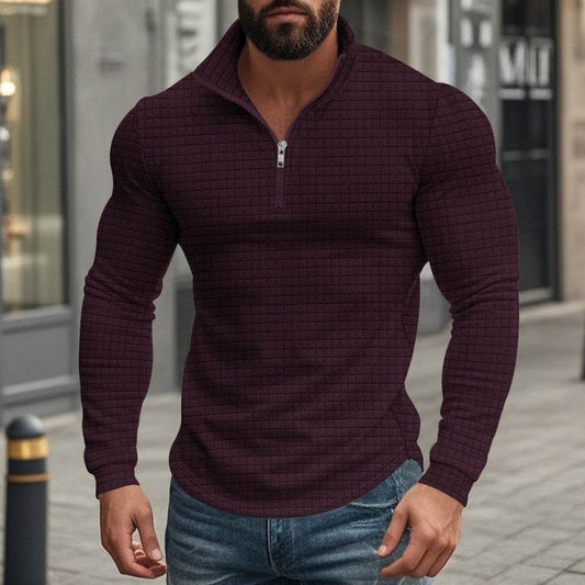 Buycenter Retro Long Sleeve Men's Sweater - Half Zipper, Plaid Design - Buy Center