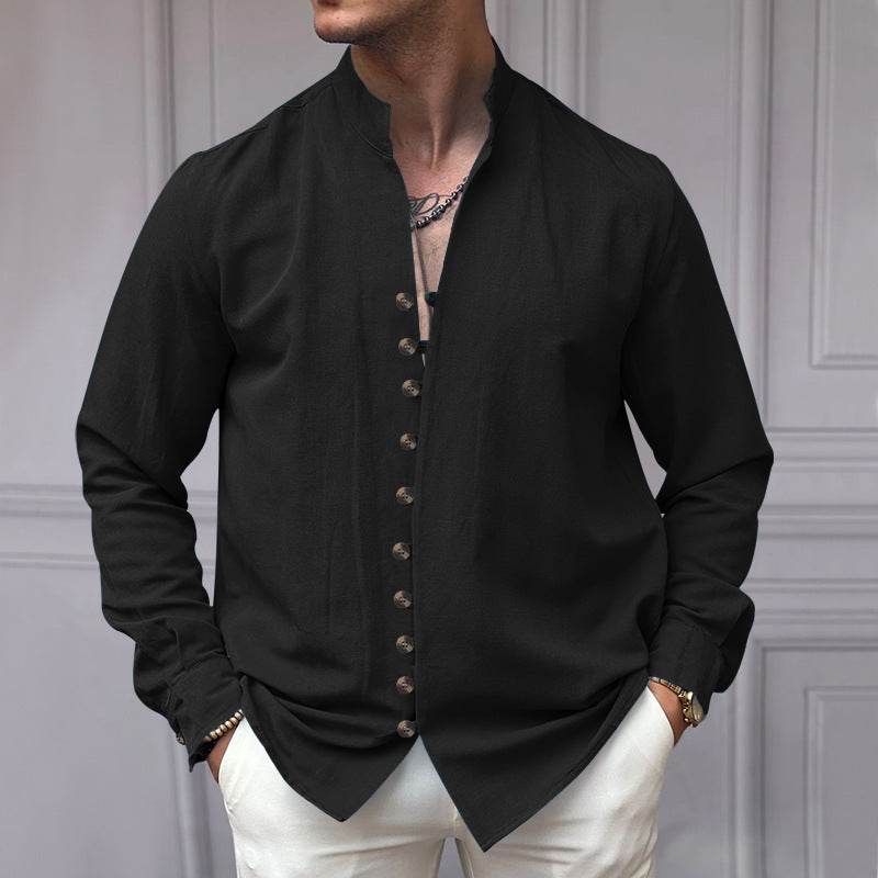 Buycenter Men's Casual Loose Linen Shirt - Ethnic Style, Long Sleeve - Buy Center
