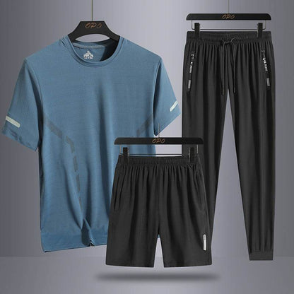 Men's Sports Three-Piece Set - Breathable Short Sleeve & Shorts for Comfort - Buy Center