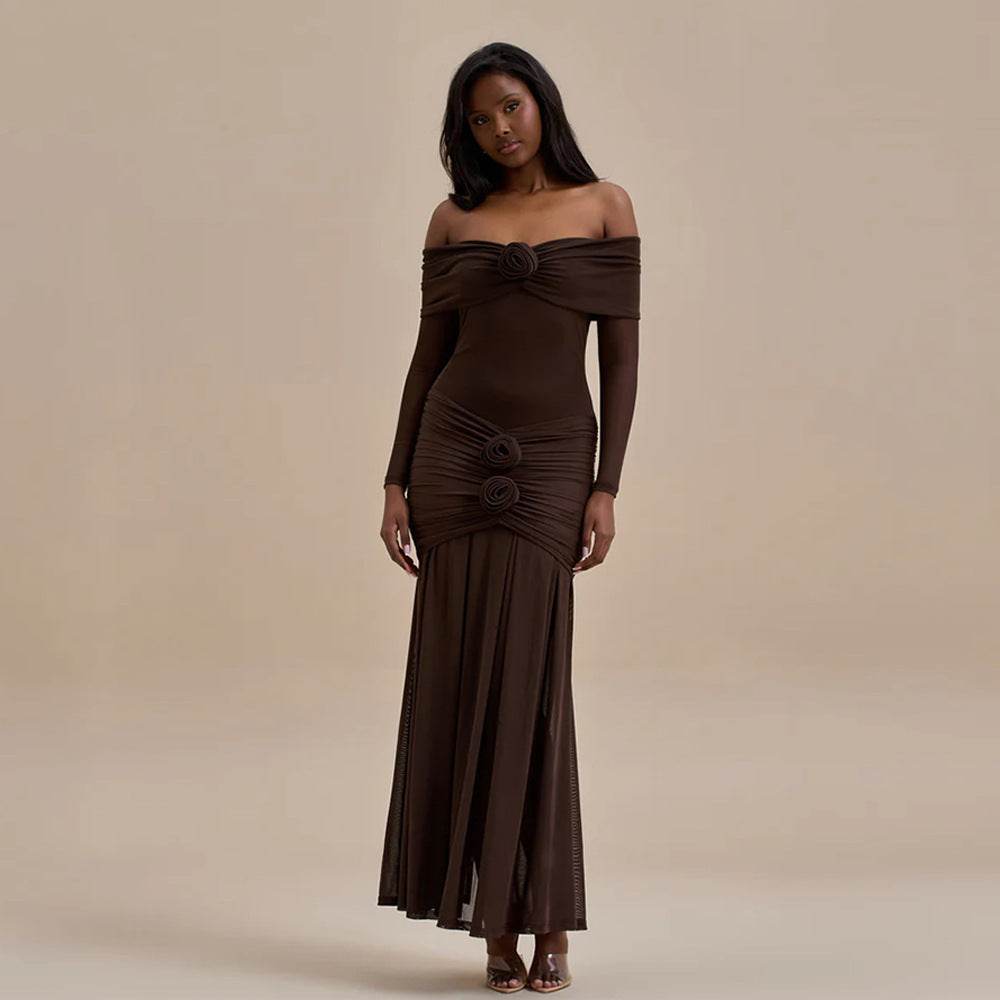 Buycenter Off-Shoulder Pleated Dress - Elegant High Waist Floral Style - Buy Center