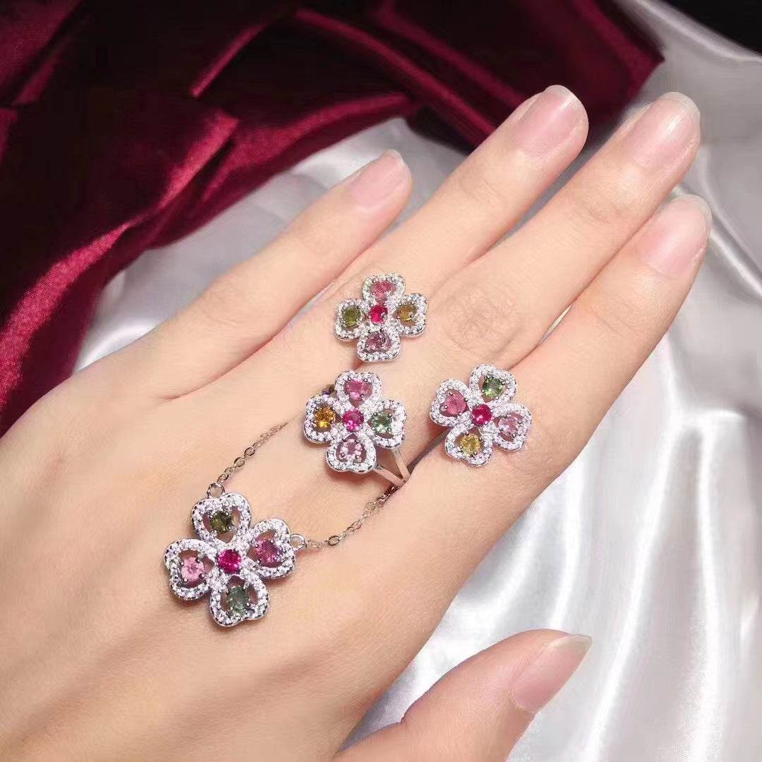Buycenter S925 Silver Earring Ring Pendant Set - Natural Tourmaline Jewelry - Buy Center