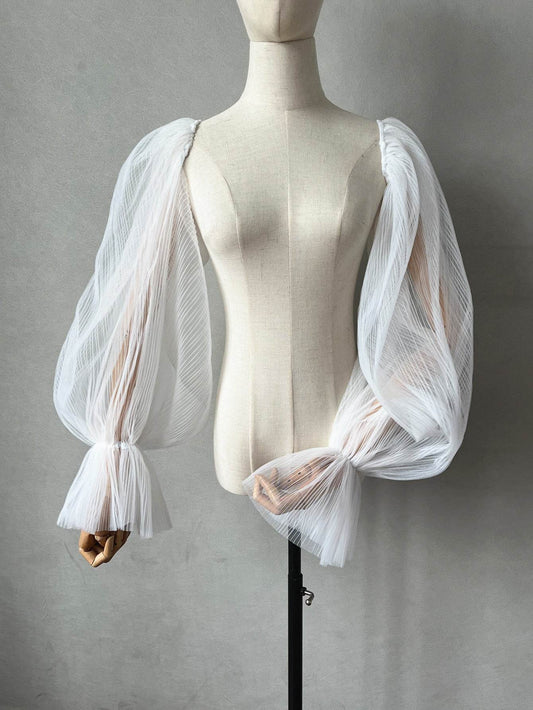 Elegant White Pleated Bell Sleeve Wedding Dress - Perfect for Modern Brides - Buy Center
