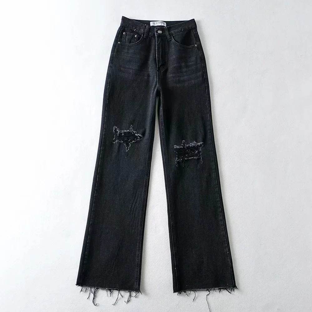 High Waist Light Blue Denim Straight Trousers with Holes - Street Style - Buy Center