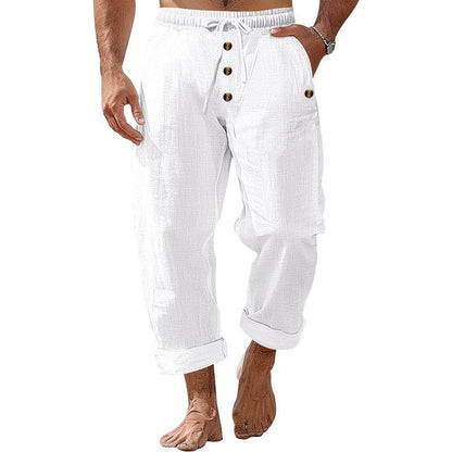 Buycenter Solid Color Cotton Linen Beach Pants - Casual Loose Fit Trousers - Buy Center