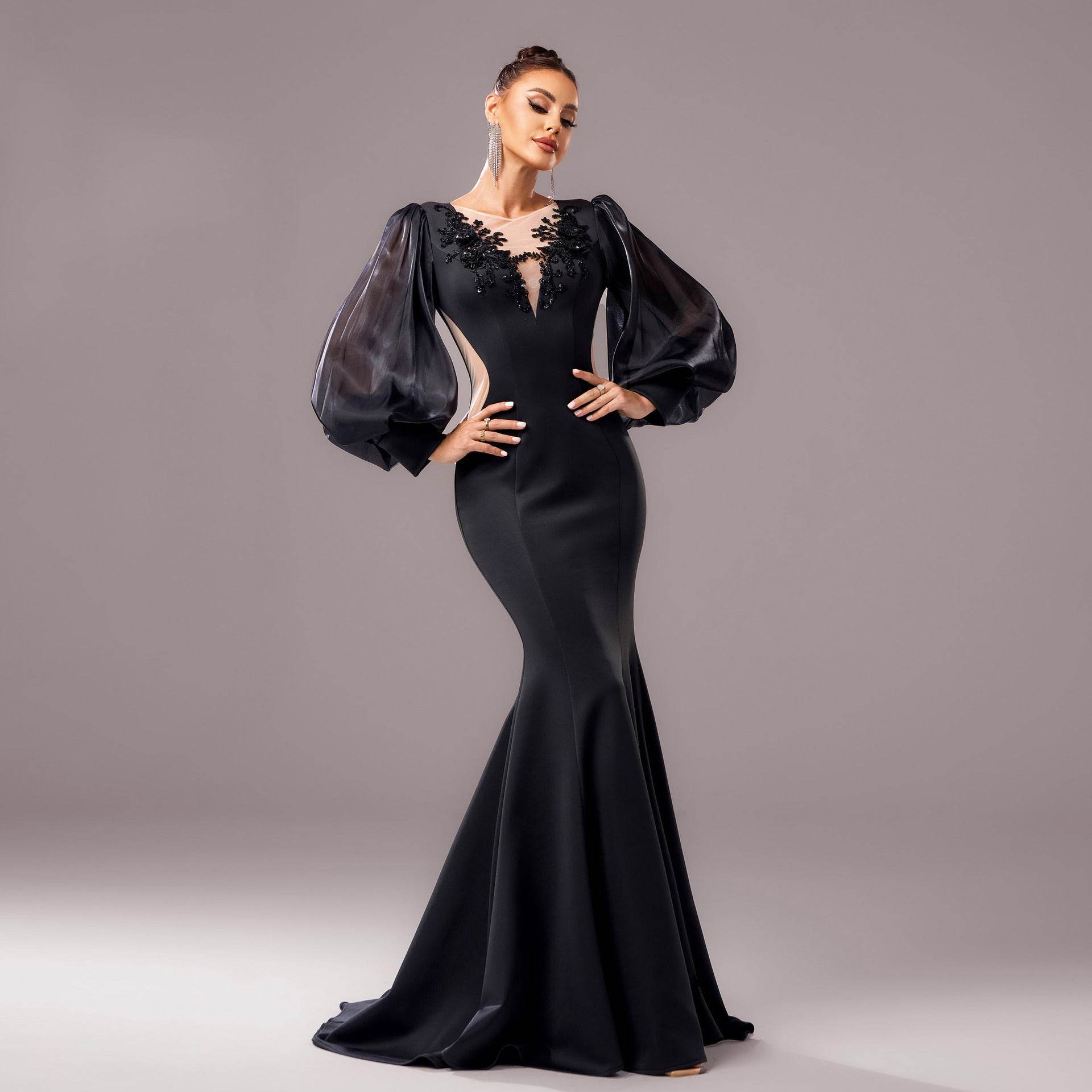 Elegant Long Sleeve Fishtail Dress - Applique & Sequin Details for Events - Buy Center
