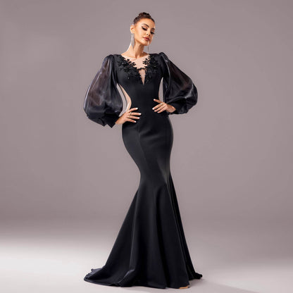 Elegant Long Sleeve Fishtail Dress - Applique & Sequin Details for Events - Buy Center