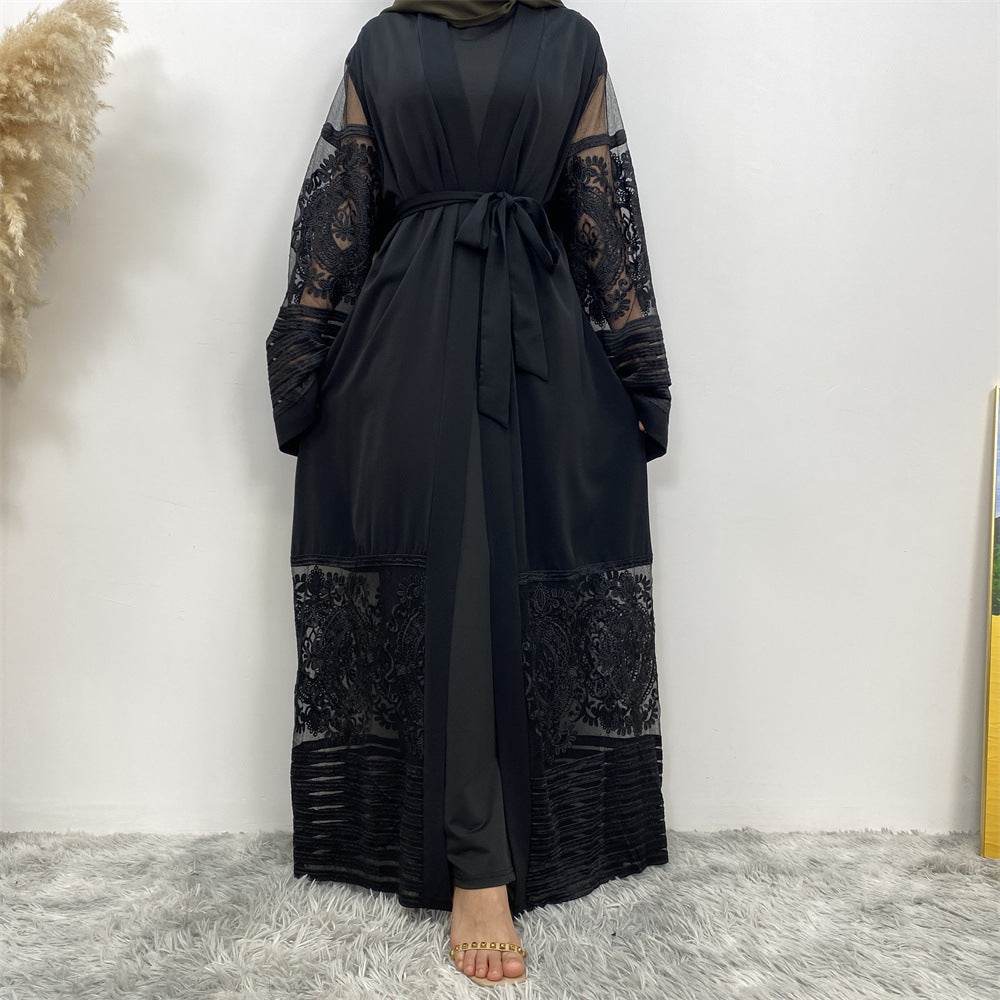 Buycenter Embroidered Mesh Robe Dress - Elegant Women's Long Trench Coat - Buy Center