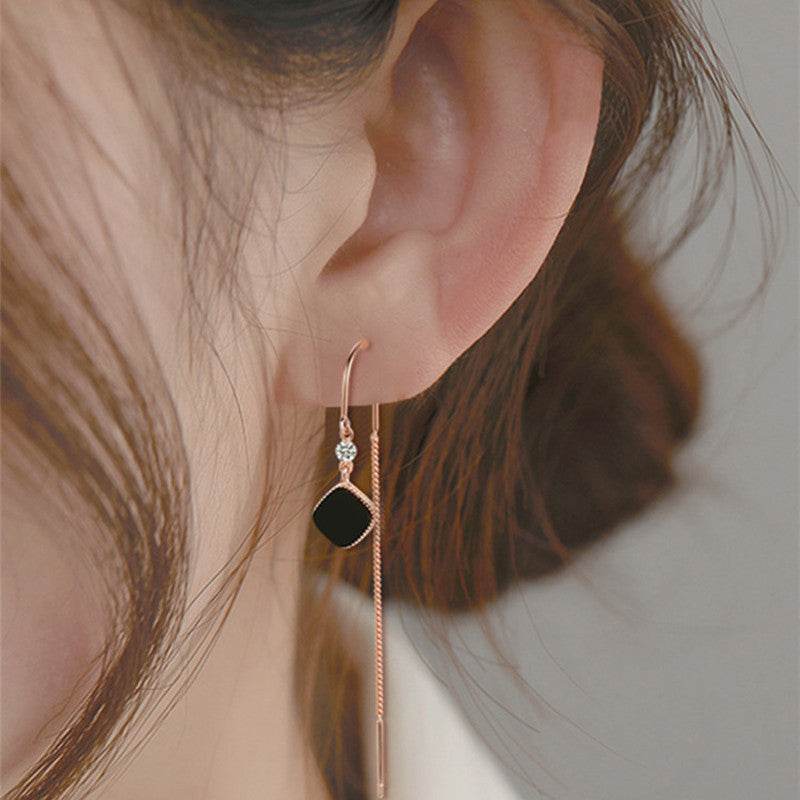 Buycenter Sterling Silver Black Square Tassel Earrings for Women - Buy Center