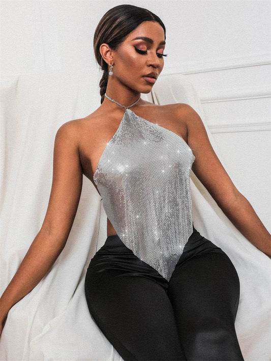 Sexy Solid Color Halter Top - Sequin Sling Style for Trendy Women - Buy Center