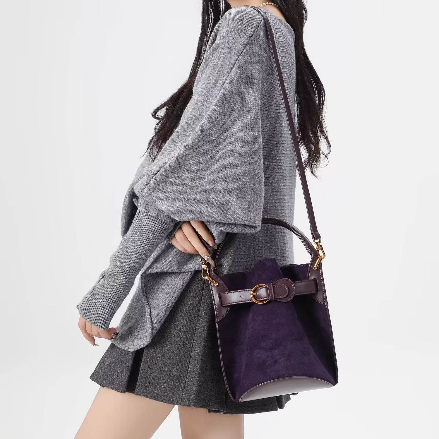 Buycenter Purple Velvet Bucket Bag - Stylish Women's Shoulder Messenger - Buy Center