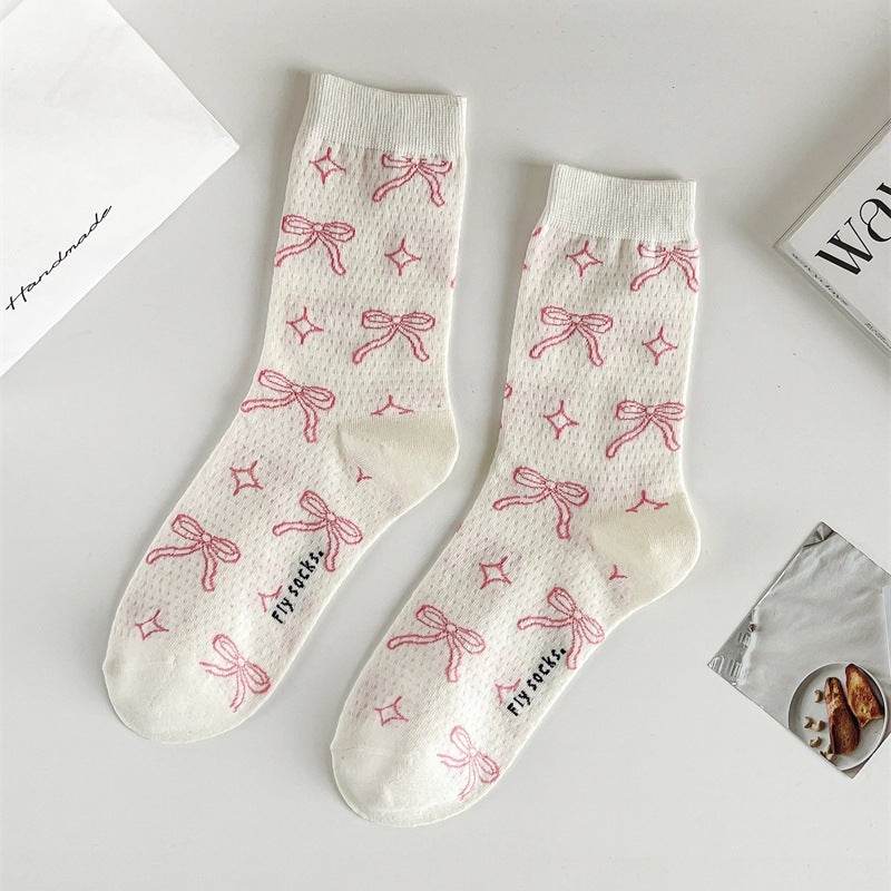 Three-Dimensional Polka Dot Bow Socks - Pure Cotton Mid-Calf for Women - Buy Center
