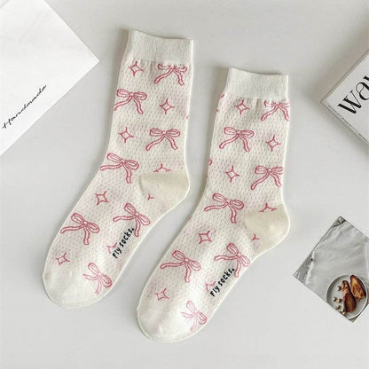 Three-Dimensional Polka Dot Bow Socks - Pure Cotton Mid-Calf for Women - Buy Center