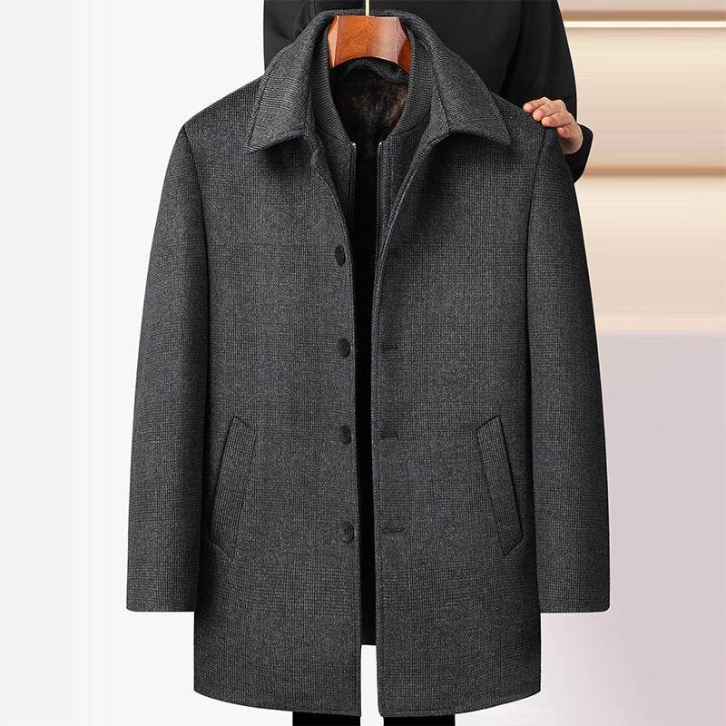 Men's Woolen Coat - Mid-Length Plaid with Detachable Collar, Warm & Stylish - Buy Center
