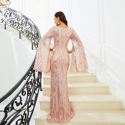 Light Pink Sequined Fishtail Dress - Long Sleeve V-Neck Evening Gown - Buy Center
