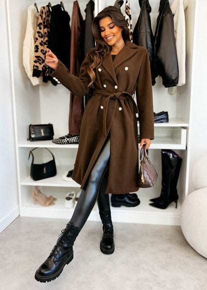 Stylish Double-Breasted Woolen Coat for Women - Trendy Lace-Up Design - Buy Center