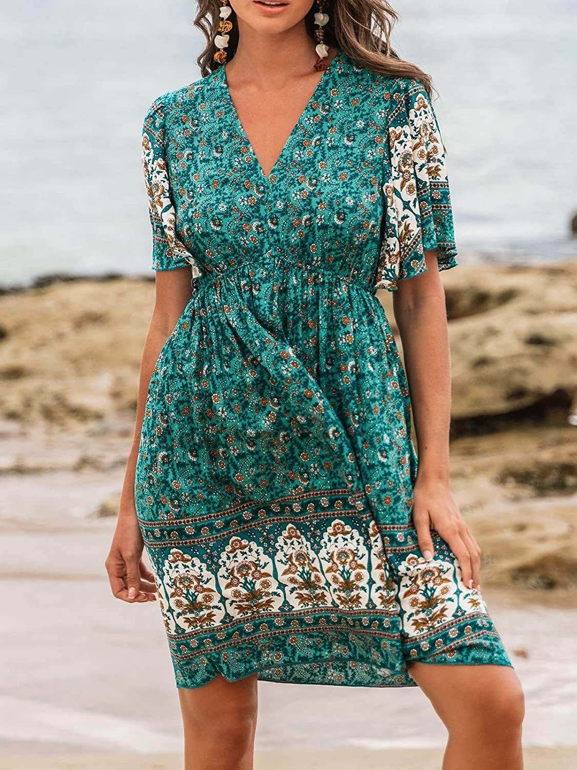 Buycenter Bohemian Green Rayon Dress - Floral High Waist Style - Buy Center