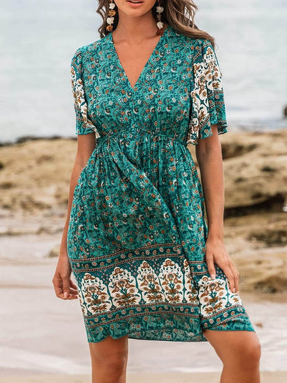 Buycenter Bohemian Green Rayon Dress - Floral High Waist Style - Buy Center