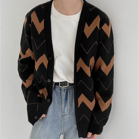 Buycenter Men's Wave Pattern Cardigan Sweater - Youth Pop Style - Buy Center