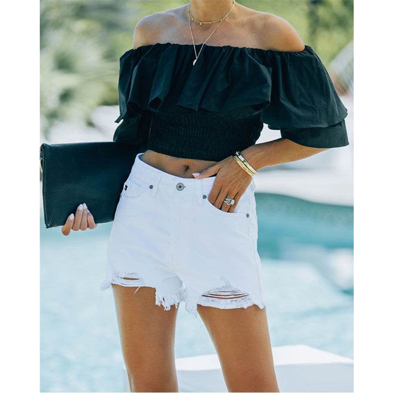 Buycenter Women's High Waist White Denim Shorts - Raw Edge Style - Buy Center