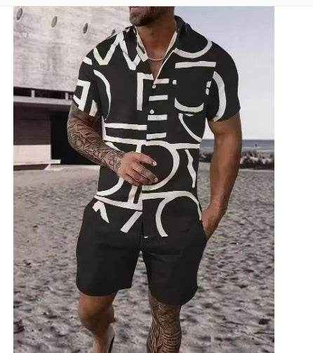 Black and White Striped Hawaiian Shirt Set for Men - Casual Summer Style