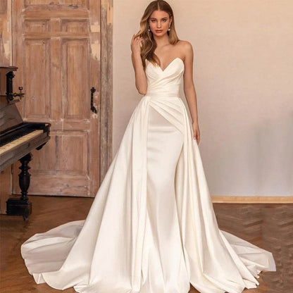 Elegant Satin Sheath Backless Wedding Dress with Detachable Train - Buy Center
